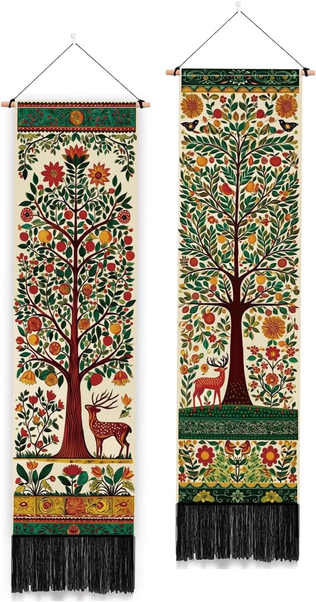 PLIGREAT 2 Pack Folk Art Style Vertical Carpet with Tassels, Forest Deer Tapestry Long Narrow Tapestries for Bedroom - ShopVlot