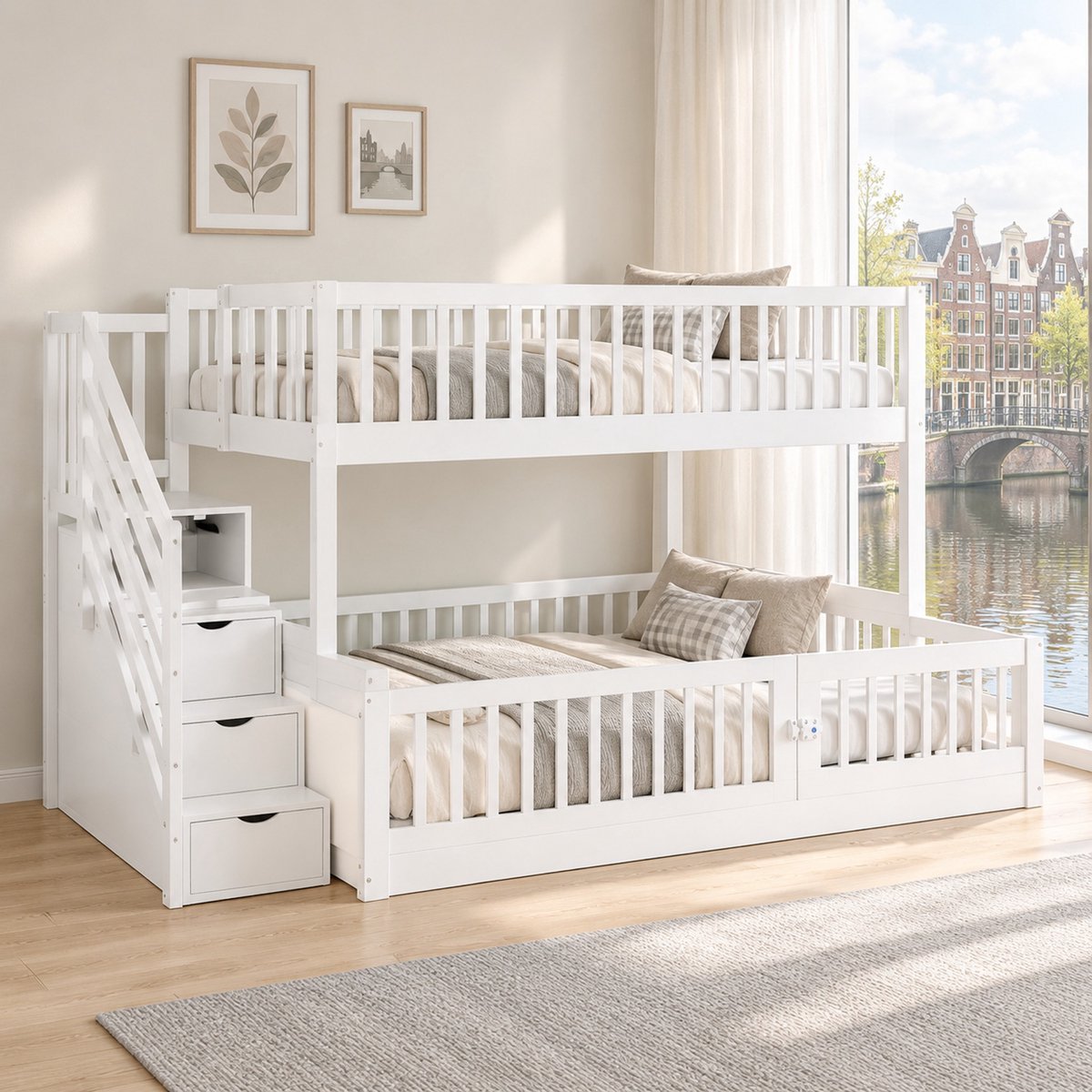 WUVRIE Stapelbed 140x200 cm met traplades, veiligheidshekken en deur in onderbed, wit