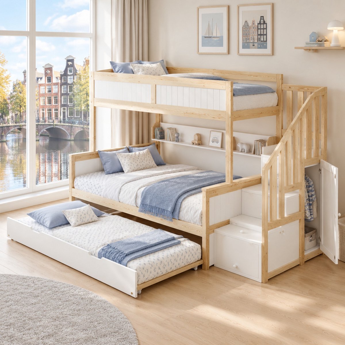 WUVRIE Stapelbed met 3 slaapplaatsen, uitschuifbed, kledingkast en opbergtrap, wit/naturel Wit en naturel