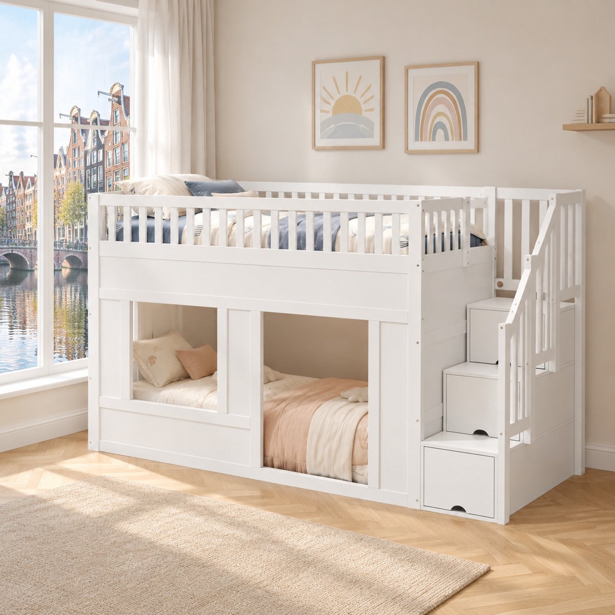 WUVRIE Hoogslaper 90x200 cm met trapkast, lattenbodem en multifunctionele onderruimte, wit