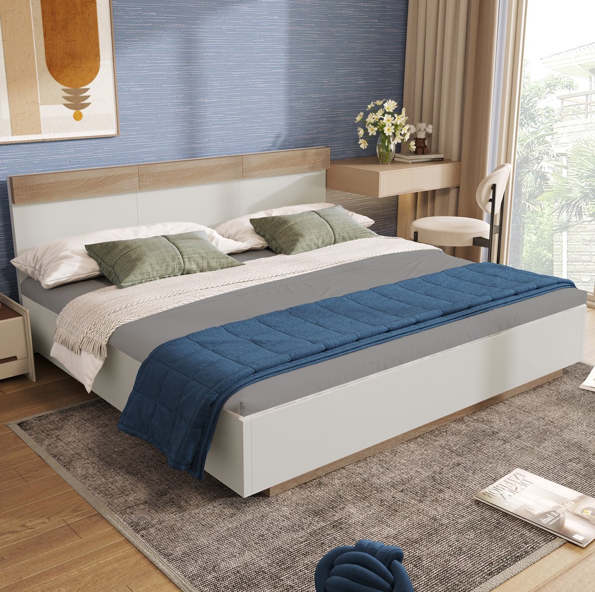 WUVRIE Tweepersoonsbed 180x200 cm met lattenbodem en hoofdbord, wit/Sonoma-eiken