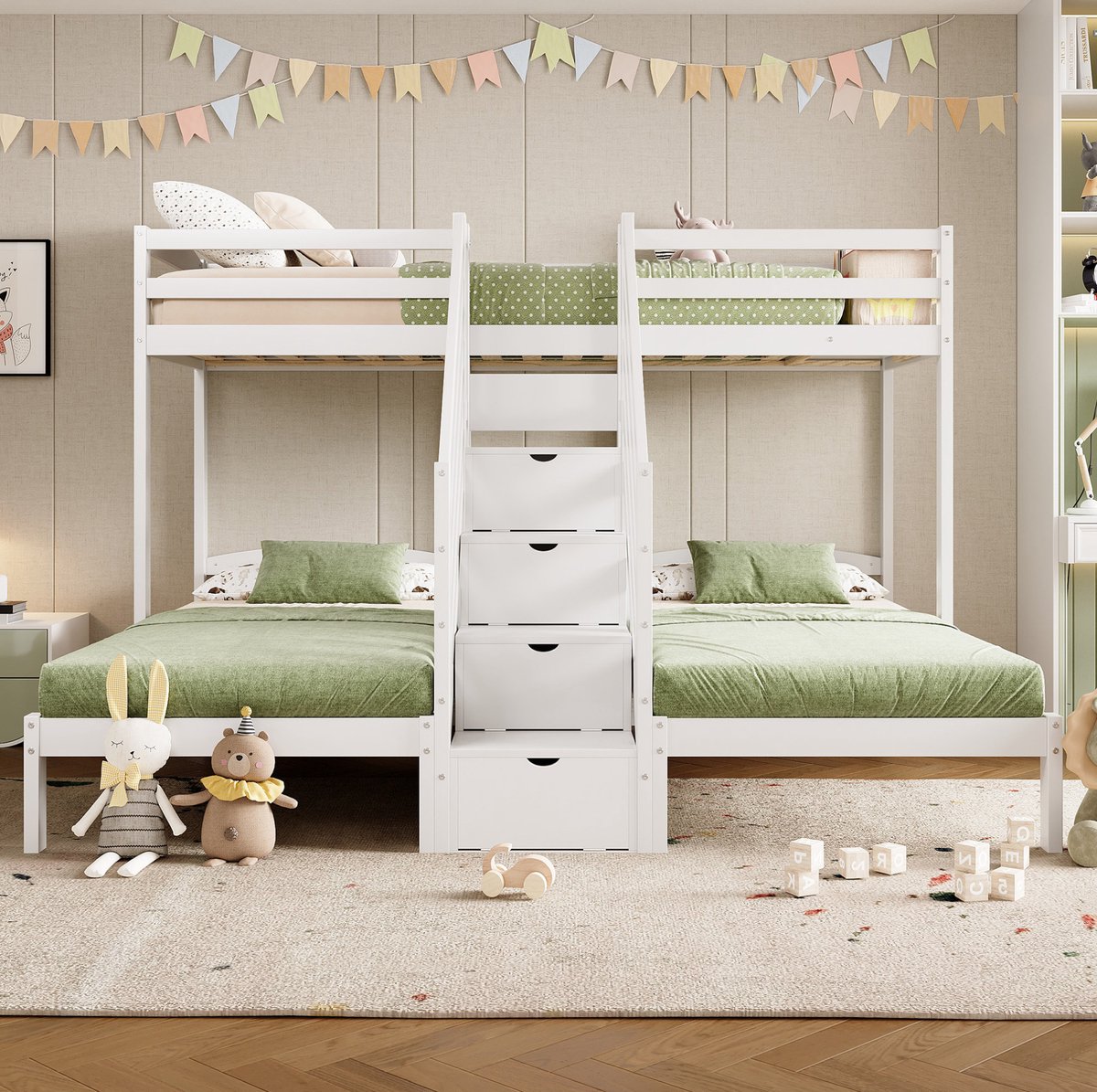 WUVRIE Stapelbed voor 3 kinderen 90x200 cm met opbergladder, lades en veiligheidshekken, wit