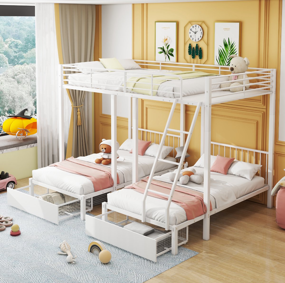 WUVRIE Stapelbed 140x200 en 2x 90x200 cm met 2 lades, metalen bedframe met uitvalbeveiliging, wit