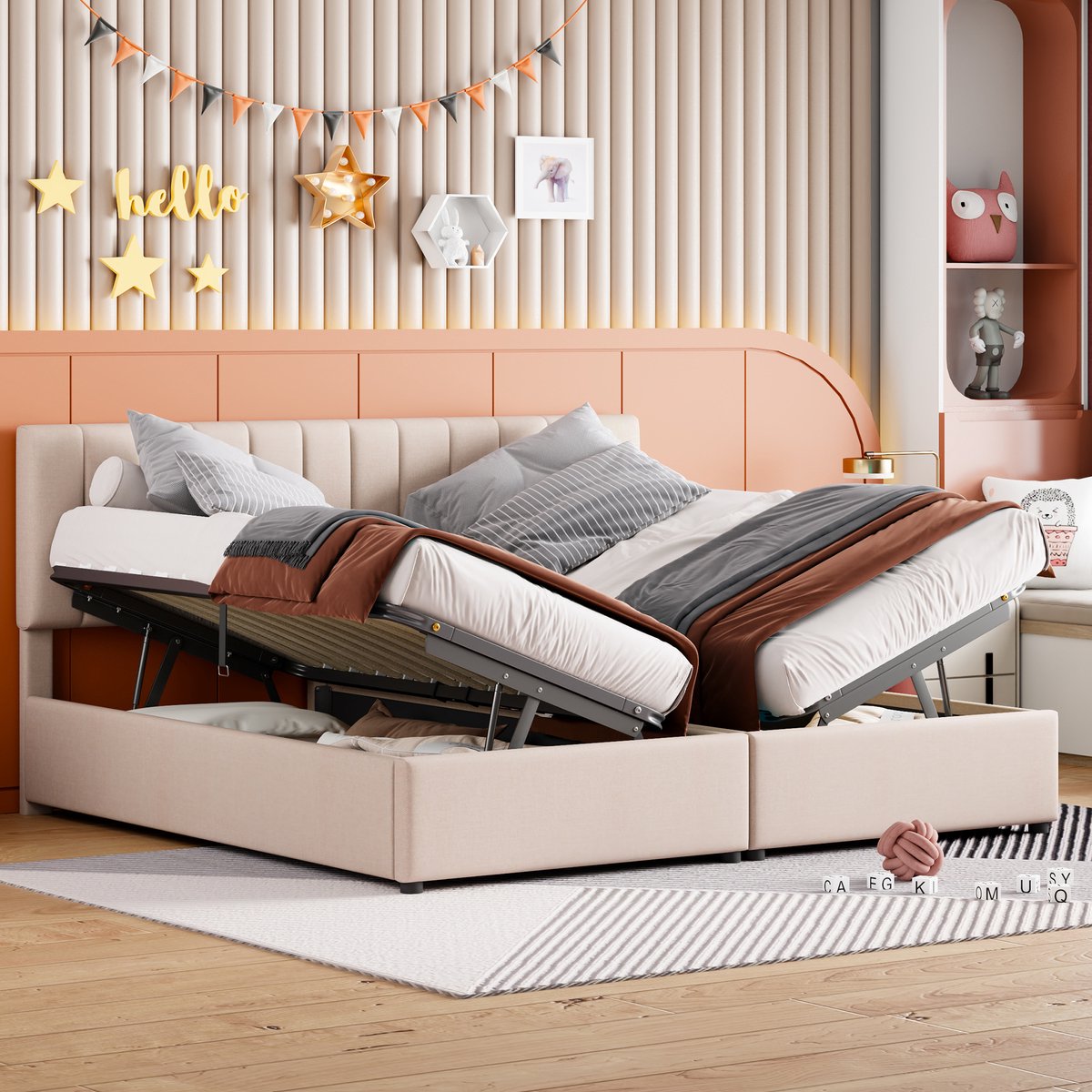 WUVRIE Gestoffeerd opbergbed 180x200 cm met hydraulische opbergruimte en verstelbaar hoofdeinde, beige