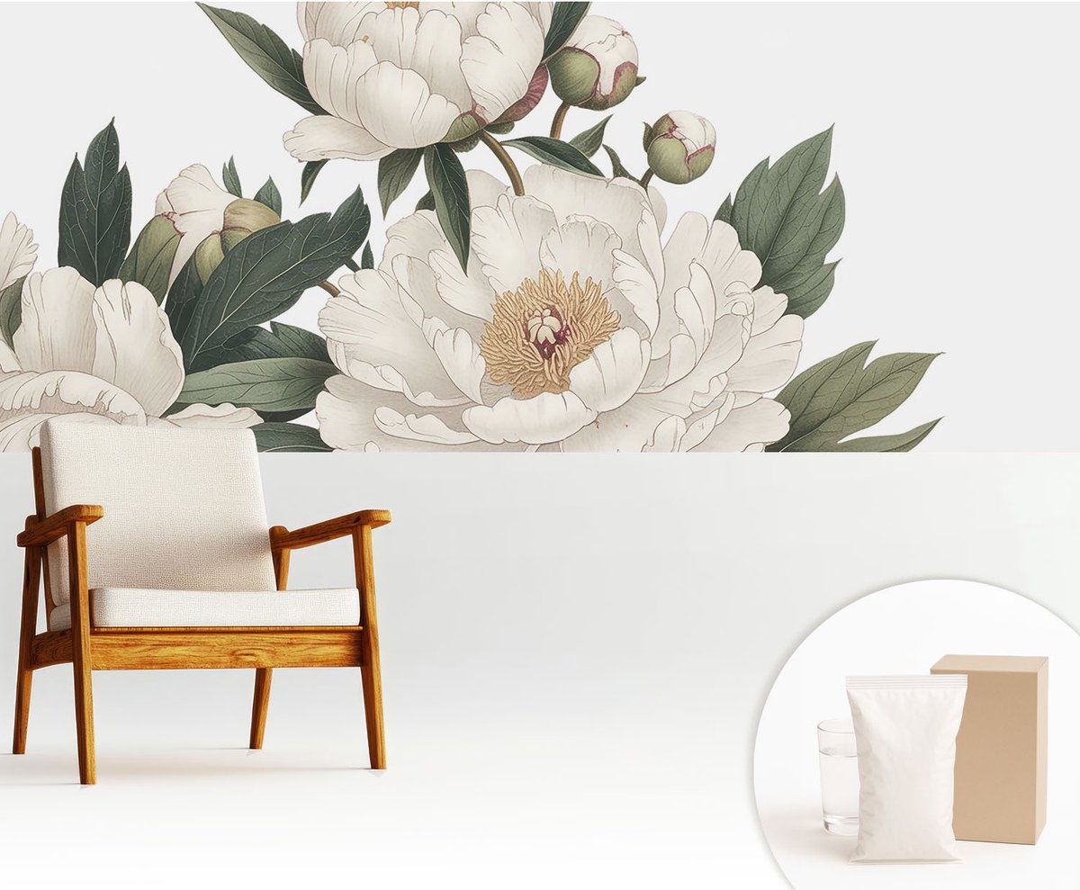 Wallfluent Fotobehang - Wit Vliesbehang - 250x104 cm - Witte Pioenrozen Fotobehang Vlies - Woonkamer behang Bloemen En Planten - Muurschildering - Woonkamer behang