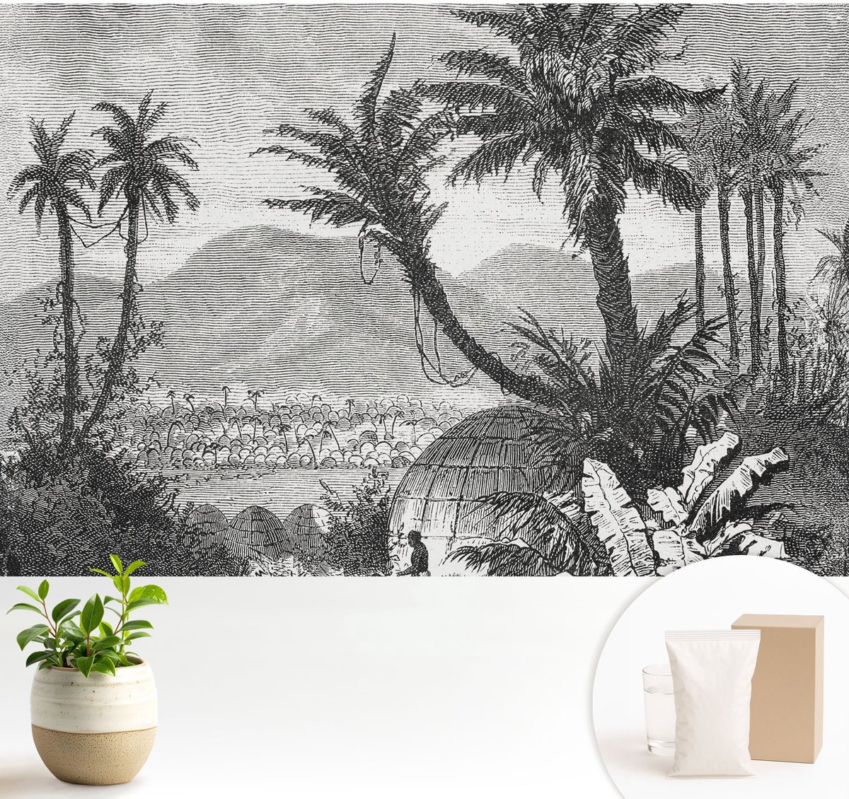 Wallfluent Fotobehang - Zwart-Wit Vliesbehang - 104x70 cm - Tropische Oase Muurschildering - Slaapkamer behang Landschappen - Fotobehang Vlies - Gang behang