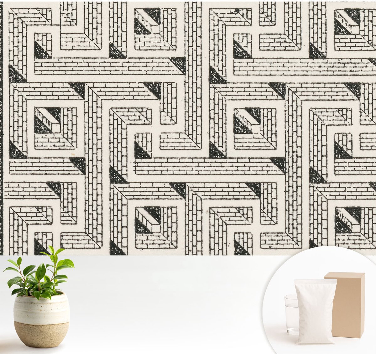 Wallfluent Fotobehang - Zwart-Wit Vliesbehang - 104x70 cm - Bakstenen Doolhof Muurschildering - Gang behang Geometrie - Fotobehang Vlies - Gang behang