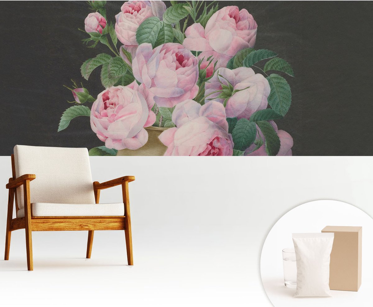 Wallfluent Fotobehang - Zwart-Wit Vliesbehang - 250x104 cm - Bloemige Elegantie Fotobehang Vlies - Woonkamer behang Bloemen En Planten - Muurschildering - Woonkamer behang