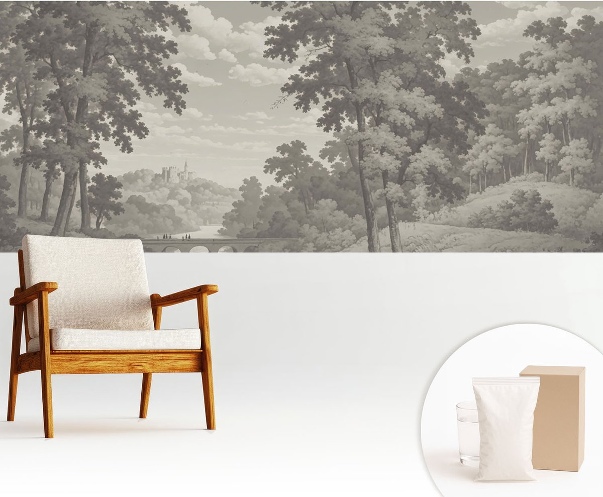 Wallfluent Fotobehang - Grijs Vliesbehang - 250x104 cm - Kasteel En Brug Fotobehang Vlies - Hal behang Landschappen - Muurschildering - Woonkamer behang