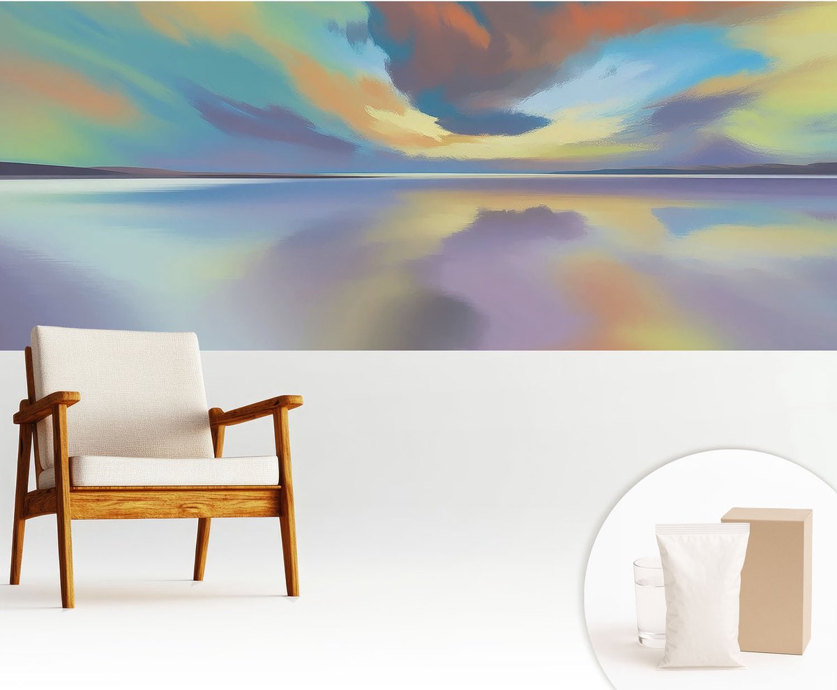 Wallfluent Fotobehang - Blauw Vliesbehang - 250x104 cm - Regenboogzonsondergang Muurschildering - Slaapkamer behang Landschappen - Fotobehang Vlies - Slaapkamer behang
