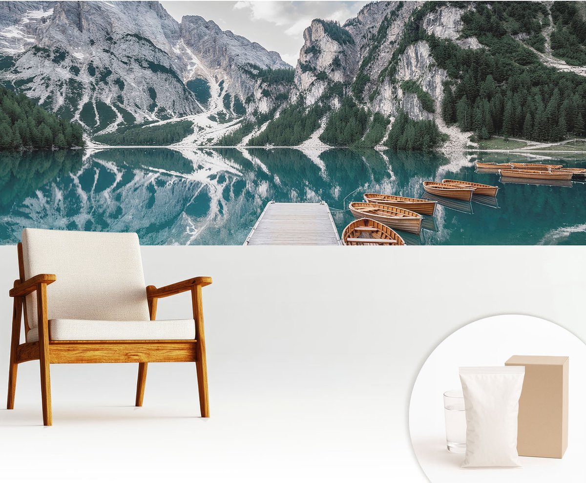 Wallfluent Fotobehang - Wit Vliesbehang - 250x104 cm - Bergpanorama Muurschildering - Slaapkamer behang Landschappen - Fotobehang Vlies - Gang behang