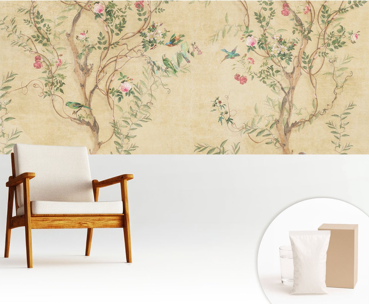 Wallfluent Fotobehang - Beige Vliesbehang - 250x104 cm - Bloemaccenten Muurschildering - Slaapkamer behang Bloemen En Planten - Fotobehang Vlies - Gang behang