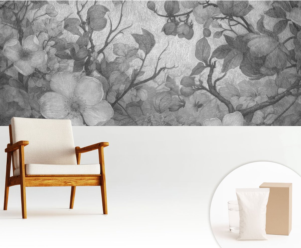 Wallfluent Fotobehang - Zwart-Wit Vliesbehang - 250x104 cm - Bloemtak Muurschildering - Slaapkamer behang Bloemen En Planten - Fotobehang Vlies - Slaapkamer behang