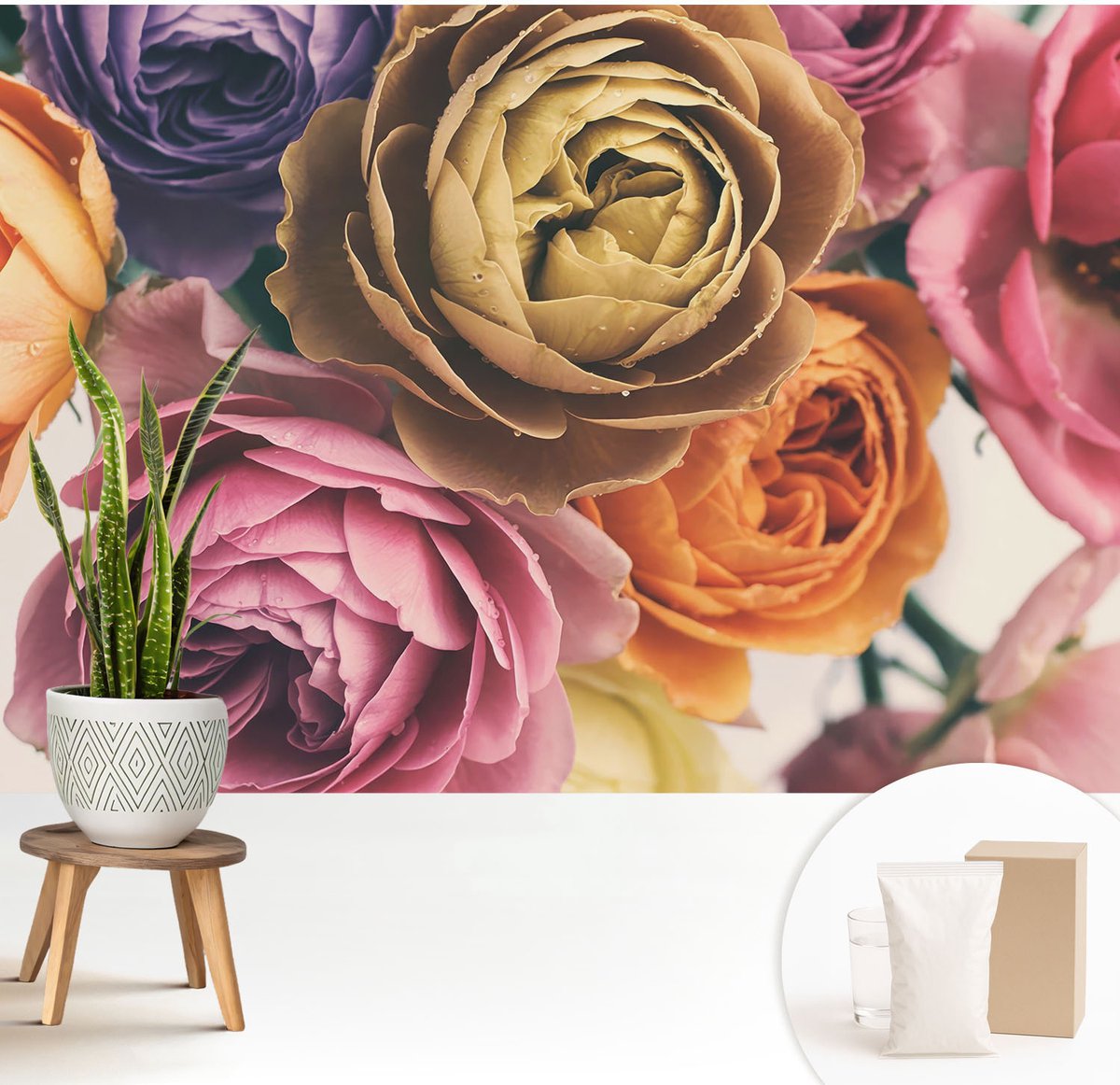Wallfluent Fotobehang - Roze Vliesbehang - 208x146 cm - Kleurrijke Rozen Muurschildering - Slaapkamer behang Bloemen En Planten - Fotobehang Vlies - Gang behang