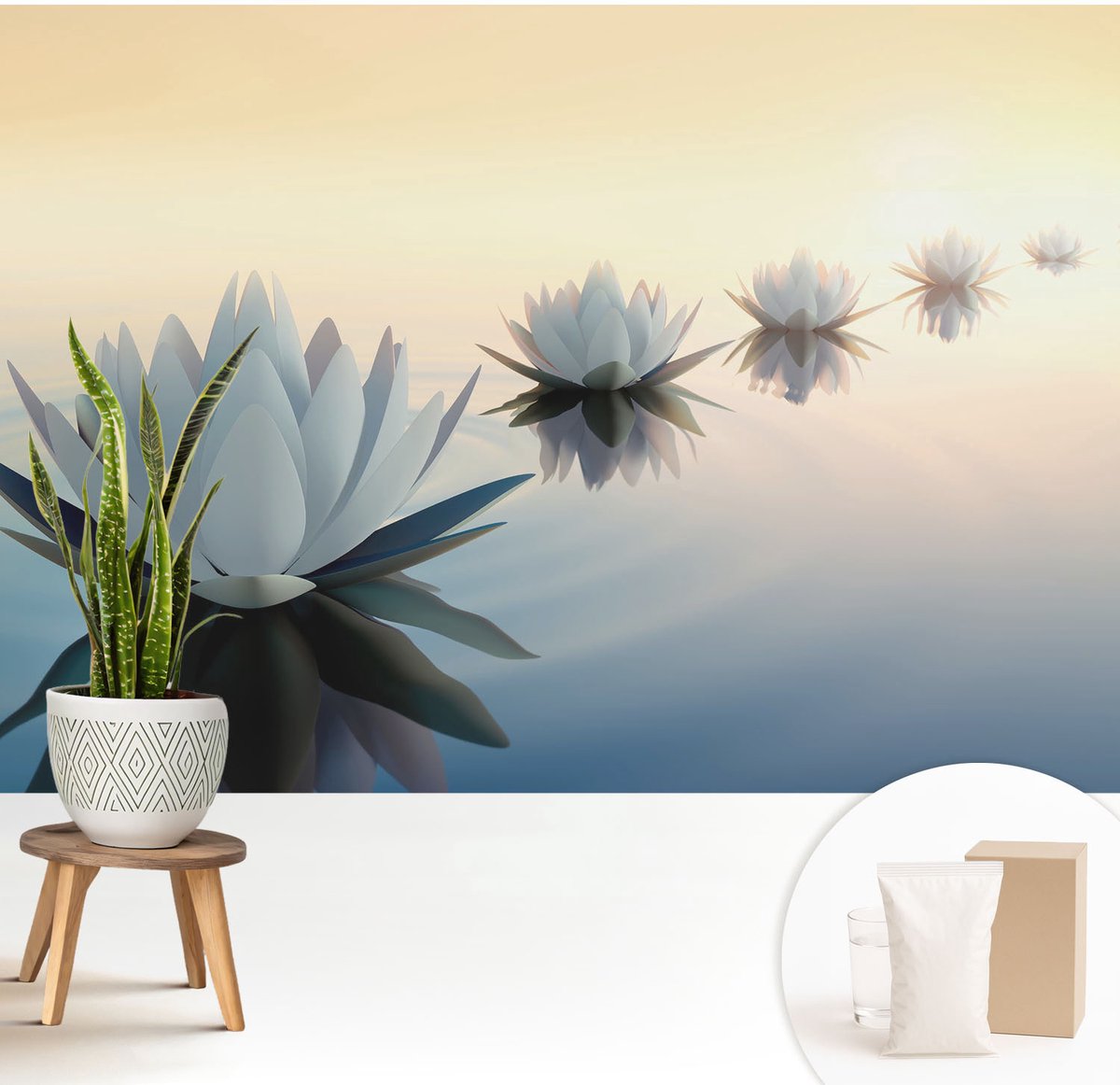 Wallfluent Fotobehang - Wit Vliesbehang - 208x146 cm - Een Vredig Uitzicht Muurschildering - Slaapkamer behang Bloemen En Planten - Fotobehang Vlies - Gang behang