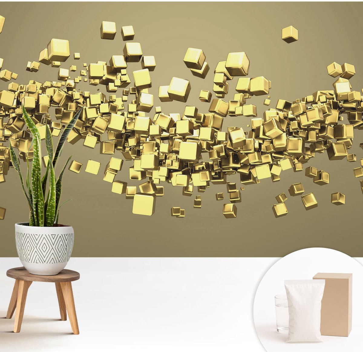 Wallfluent Fotobehang - Geel Vliesbehang - 208x146 cm - Creatieve Kubussen Fotobehang Vlies - Woonkamer behang Abstractie - Muurschildering - Woonkamer behang