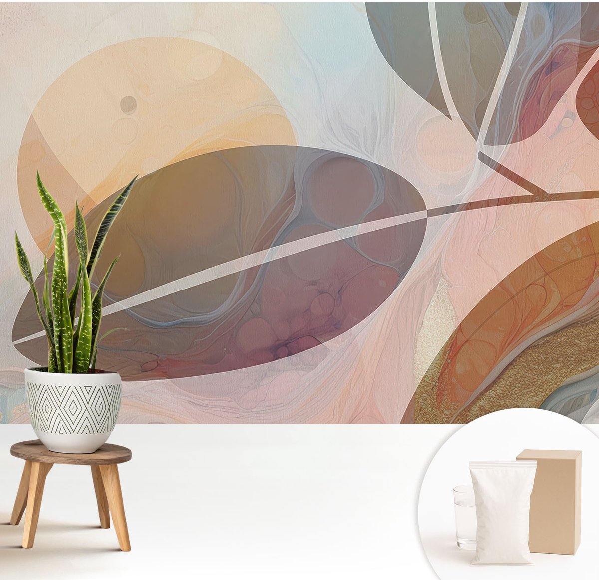 Wallfluent Fotobehang - Grijs Vliesbehang - 208x146 cm - Harmonieuze Bladeren Muurschildering - Slaapkamer behang Abstractie - Fotobehang Vlies - Slaapkamer behang