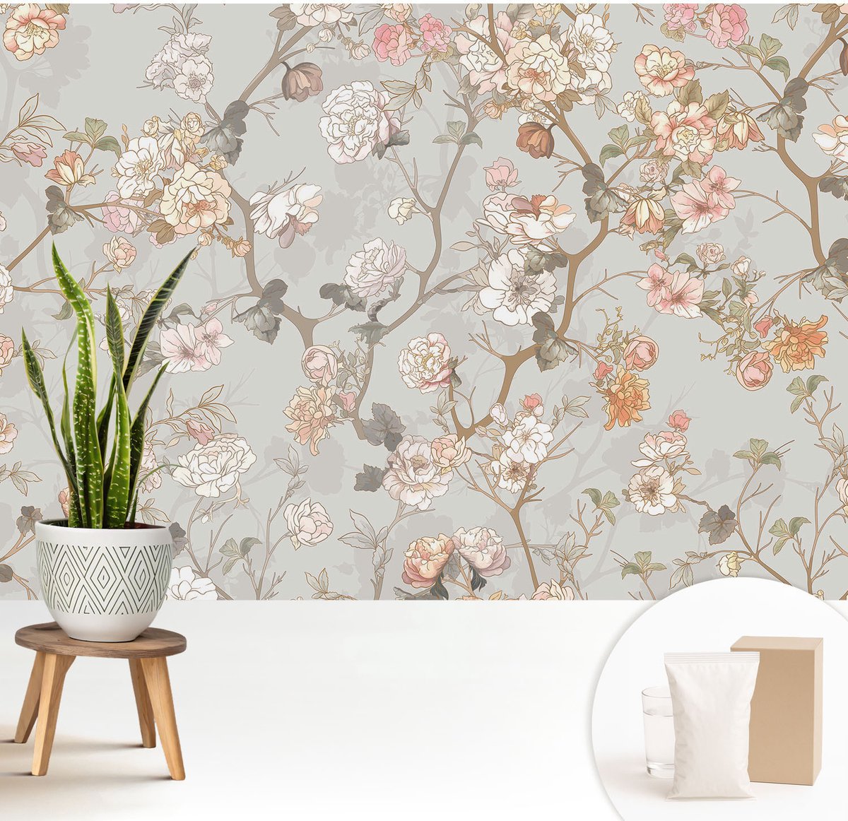Wallfluent Fotobehang - Grijs Vliesbehang - 208x146 cm - Romantisch Patroon Fotobehang Vlies - Hal behang Bloemen En Planten - Muurschildering - Woonkamer behang