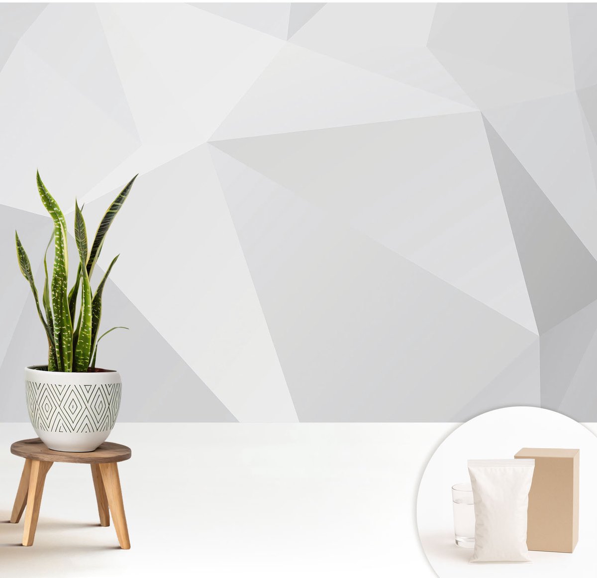 Wallfluent Fotobehang - Wit Vliesbehang - 208x146 cm - Grijze Driehoeken Muurschildering - Slaapkamer behang Geometrie - Fotobehang Vlies - Slaapkamer behang