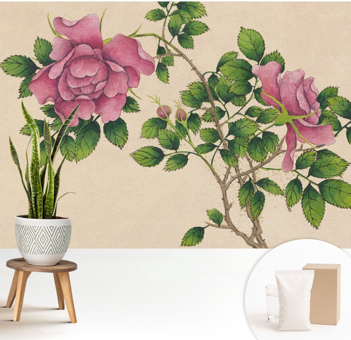 Wallfluent Fotobehang - Beige Vliesbehang - 208x146 cm - Romantische Rozen Fotobehang Vlies - Hal behang Bloemen En Planten - Muurschildering - Woonkamer behang