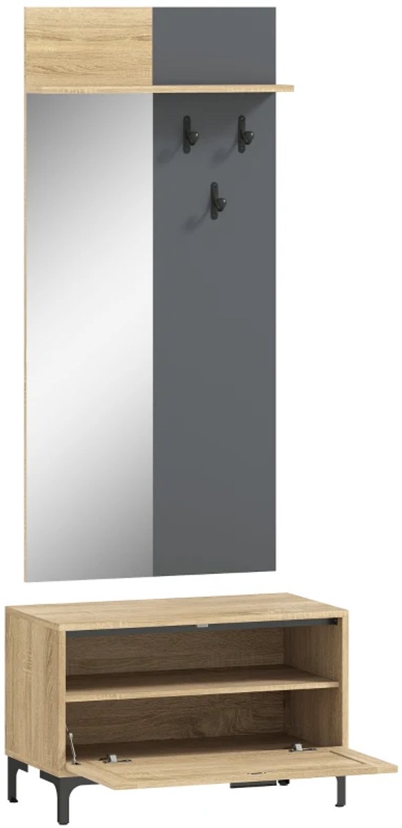 ZYLARO Kapstok - Kapstokset Voor Entree - Schoenenbank - Spiegel - 3 Haken - Open Plank - Halmeubel - Natuurlijk Hout En Grijs natuurlijk hout+grijs