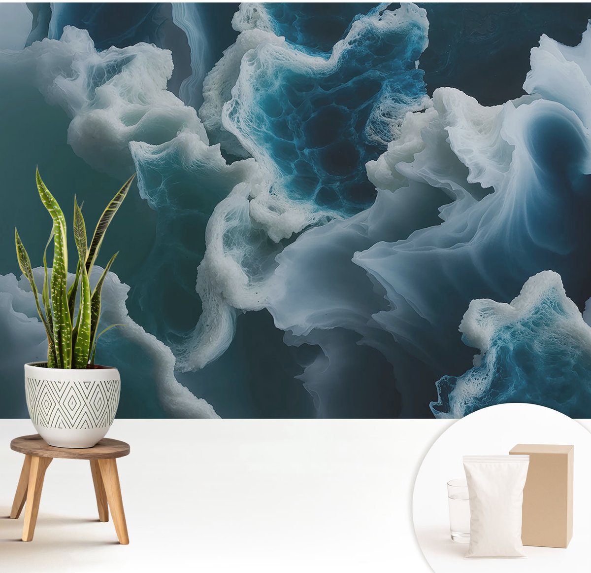 Wallfluent Fotobehang - Blauw Vliesbehang - 208x146 cm - Zeegolven Fotobehang Vlies - Woonkamer behang Abstractie - Muurschildering - Hal behang