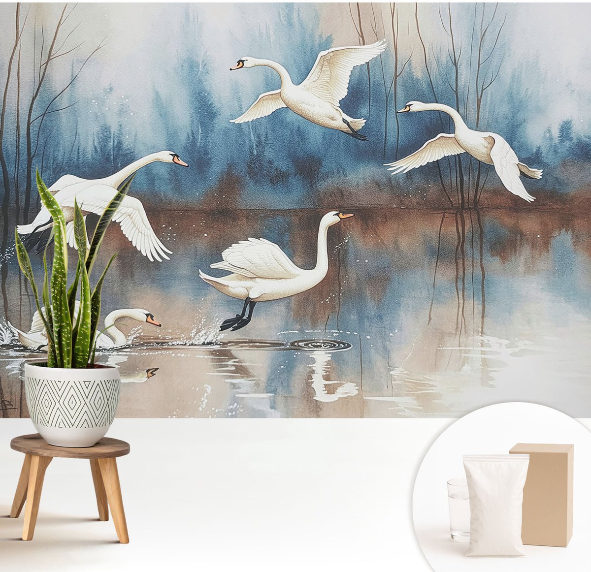 Wallfluent Fotobehang - Wit Vliesbehang - 208x146 cm - Vogels In Vlucht Fotobehang Vlies - Hal behang Dieren - Muurschildering - Hal behang
