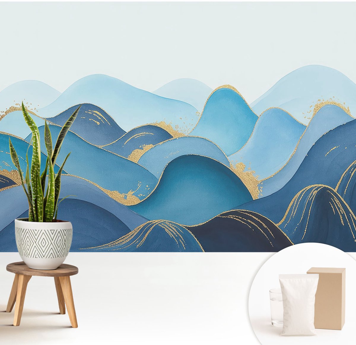 Wallfluent Fotobehang - Blauw Vliesbehang - 208x146 cm - Glooiend Landschap Muurschildering - Slaapkamer behang Abstractie - Fotobehang Vlies - Slaapkamer behang