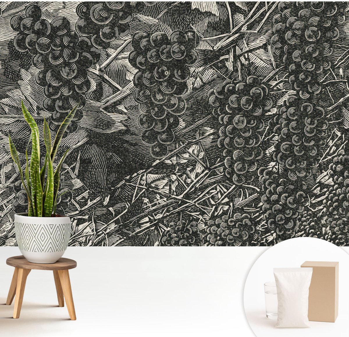 Wallfluent Fotobehang - Zwart-Wit Vliesbehang - 208x146 cm - Druivenafdruk Fotobehang Vlies - Woonkamer behang Bloemen En Planten - Muurschildering - Woonkamer behang