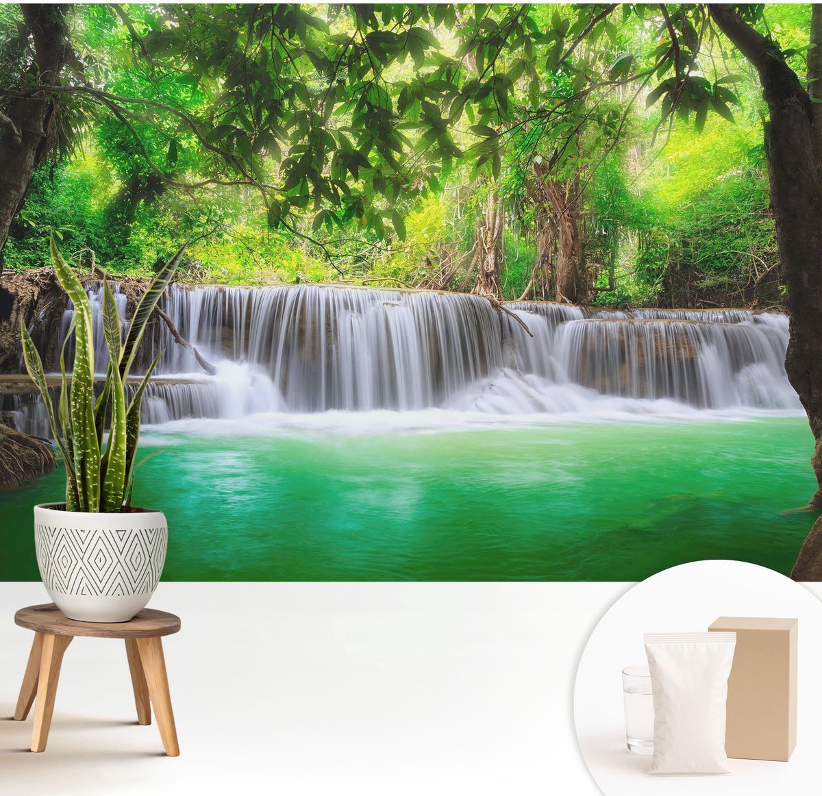Wallfluent Fotobehang - Groente Vliesbehang - 208x146 cm - Boswaterval Muurschildering - Gang behang Landschappen - Fotobehang Vlies - Gang behang