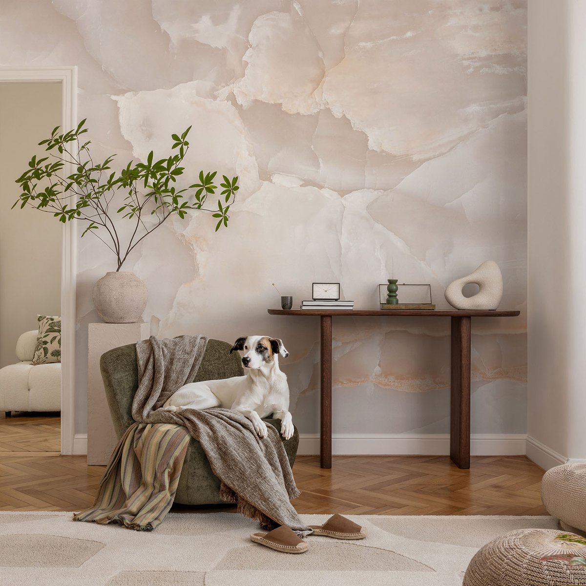 Wallfluent Fotobehang - Beige Vliesbehang - 152x104 cm - Steenpatroon Fotobehang Vlies - Hal behang Texturen - Muurschildering - Woonkamer behang