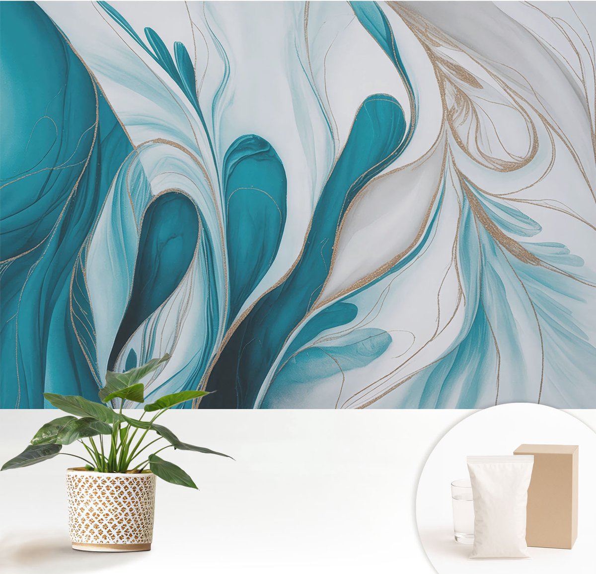Wallfluent Fotobehang - Turkoois Vliesbehang - 152x104 cm - Vloeistofpatronen Muurschildering - Gang behang Abstractie - Fotobehang Vlies - Slaapkamer behang
