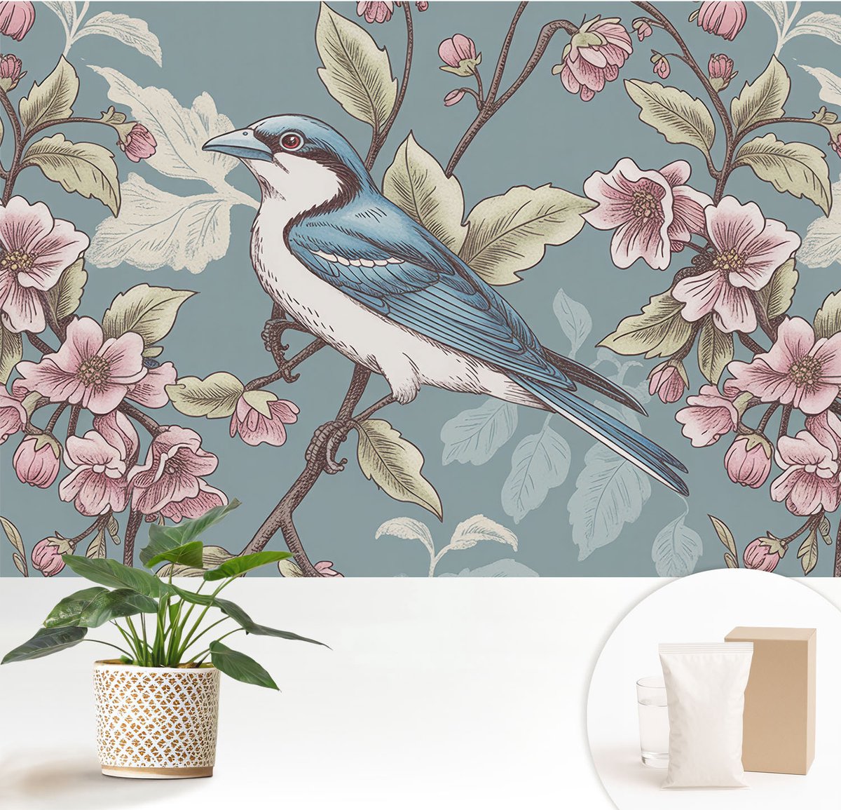 Wallfluent Fotobehang - Blauw Vliesbehang - 152x104 cm - Lente Harmonie Muurschildering - Slaapkamer behang Dieren - Fotobehang Vlies - Slaapkamer behang