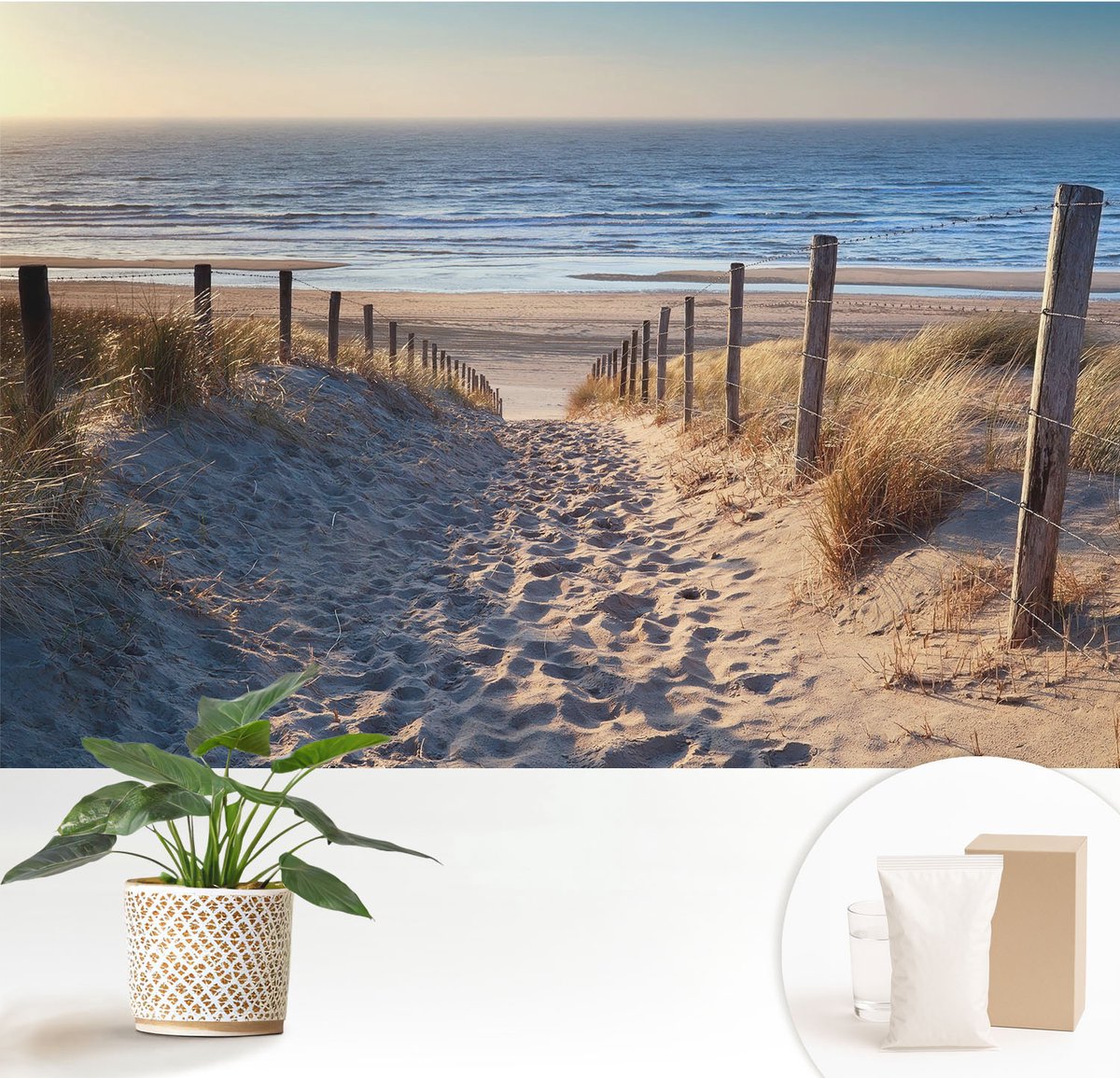 Wallfluent Fotobehang - Wit Vliesbehang - 152x104 cm - Strandpad Fotobehang Vlies - Woonkamer behang Landschappen - Muurschildering - Woonkamer behang