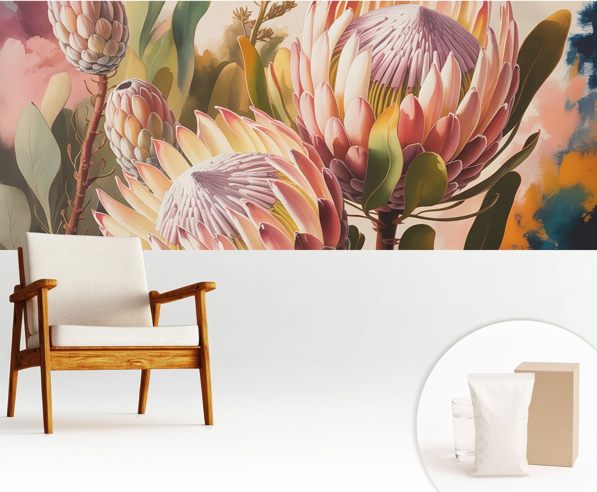 Wallfluent Fotobehang - Roze Vliesbehang - 250x104 cm - Protea-Bloemen Muurschildering - Slaapkamer behang Bloemen En Planten - Fotobehang Vlies - Slaapkamer behang