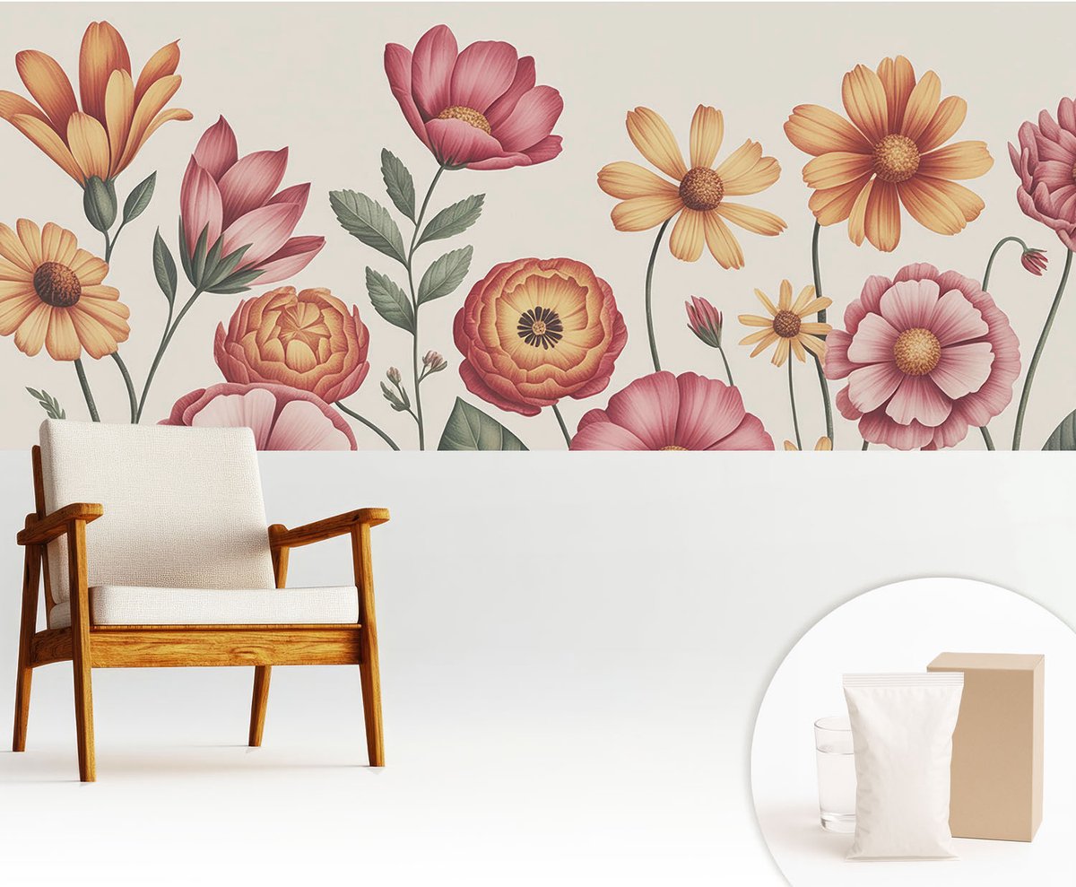 Wallfluent Fotobehang - Roze Vliesbehang - 250x104 cm - Bloemarrangement Fotobehang Vlies - Hal behang Bloemen En Planten - Muurschildering - Woonkamer behang