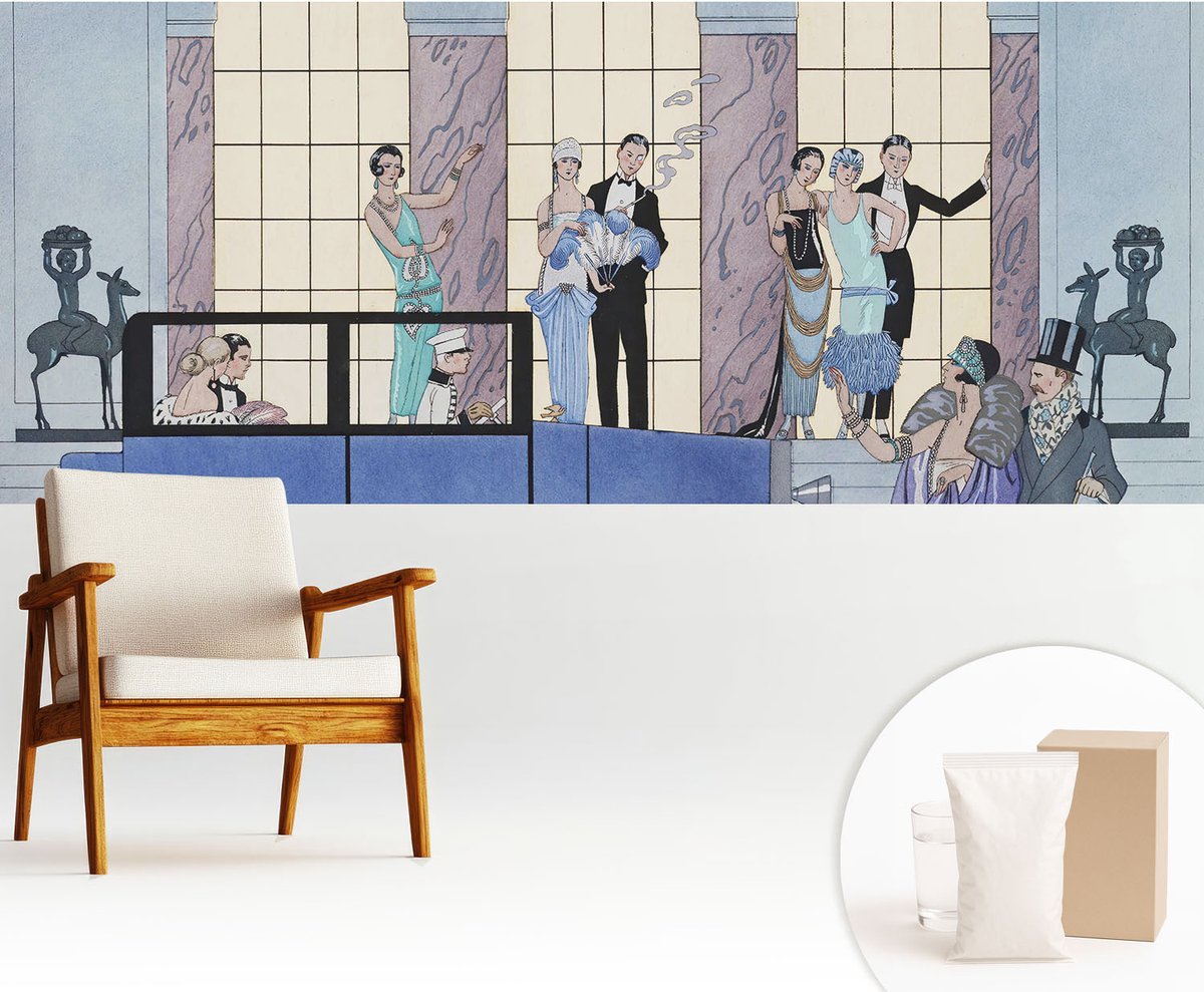 Wallfluent Fotobehang - Blauw Vliesbehang - 250x104 cm - Art Deco Muurschildering - Gang behang Mensen - Fotobehang Vlies - Slaapkamer behang