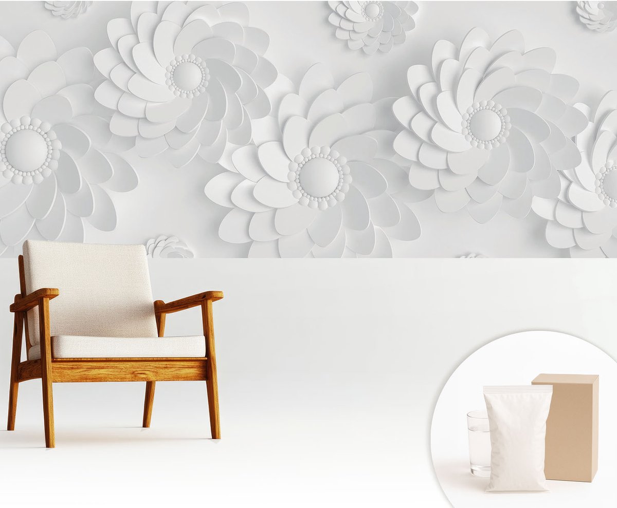 Wallfluent Fotobehang - Wit Vliesbehang - 250x104 cm - Bloemige Elegantie Muurschildering - Gang behang Bloemen En Planten - Fotobehang Vlies - Slaapkamer behang