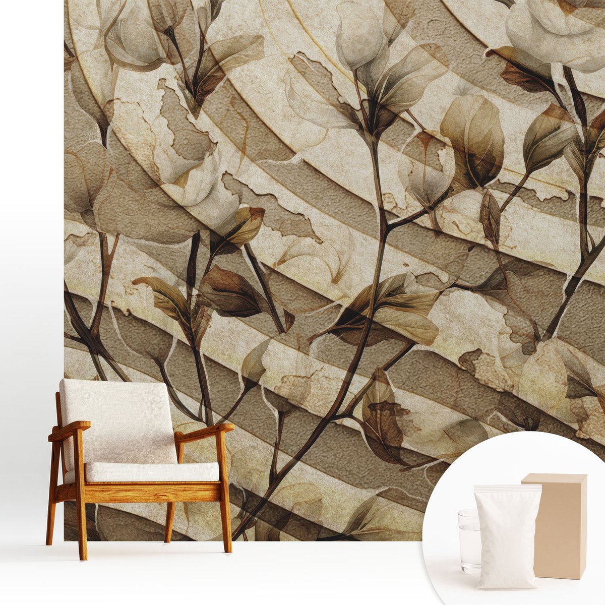 Wallfluent Fotobehang - Beige Vliesbehang - 250x250 cm - Klassieke Flora Fotobehang Vlies - Woonkamer behang Bloemen En Planten - Muurschildering - Woonkamer behang