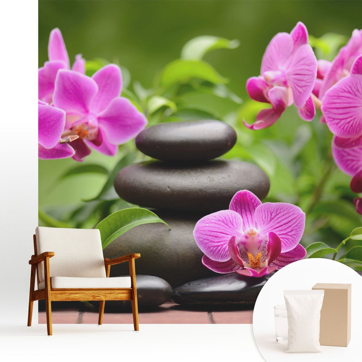 Wallfluent Fotobehang - Groente Vliesbehang - 250x250 cm - Orchideeënstenen Muurschildering - Gang behang Bloemen En Planten - Fotobehang Vlies - Gang behang