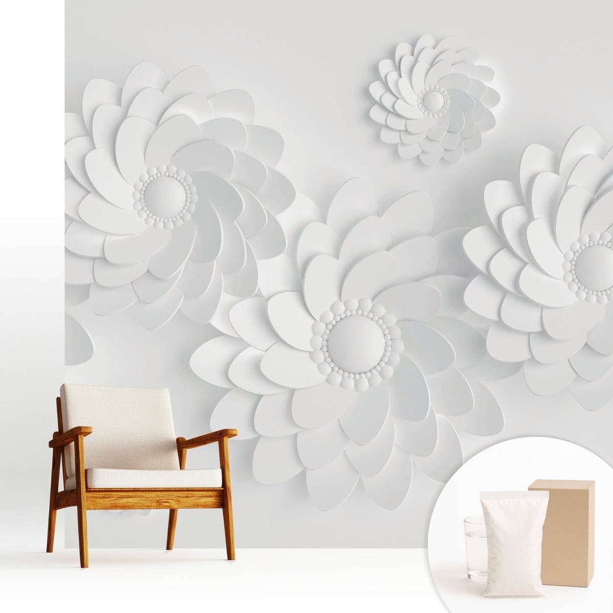 Wallfluent Fotobehang - Wit Vliesbehang - 250x250 cm - Bloemige Elegantie Muurschildering - Gang behang Bloemen En Planten - Fotobehang Vlies - Slaapkamer behang