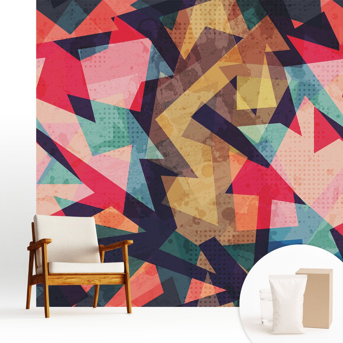 Wallfluent Fotobehang - Rood Vliesbehang - 250x250 cm - Kleurrijk Patroon Fotobehang Vlies - Hal behang Abstractie - Muurschildering - Woonkamer behang