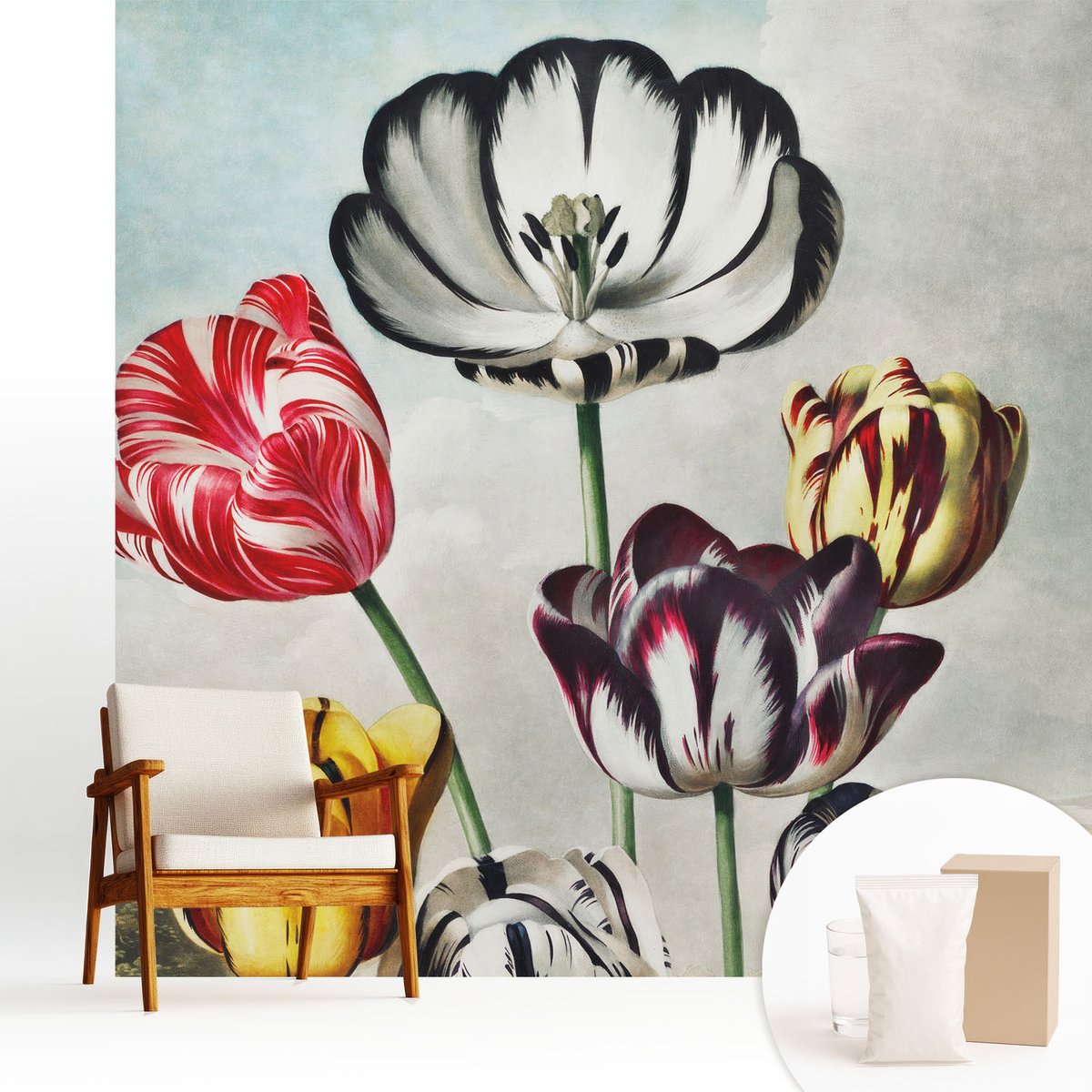 Wallfluent Fotobehang - Zwart Vliesbehang - 250x250 cm - Kleurrijke Tulpen Fotobehang Vlies - Woonkamer behang Bloemen En Planten - Muurschildering - Woonkamer behang