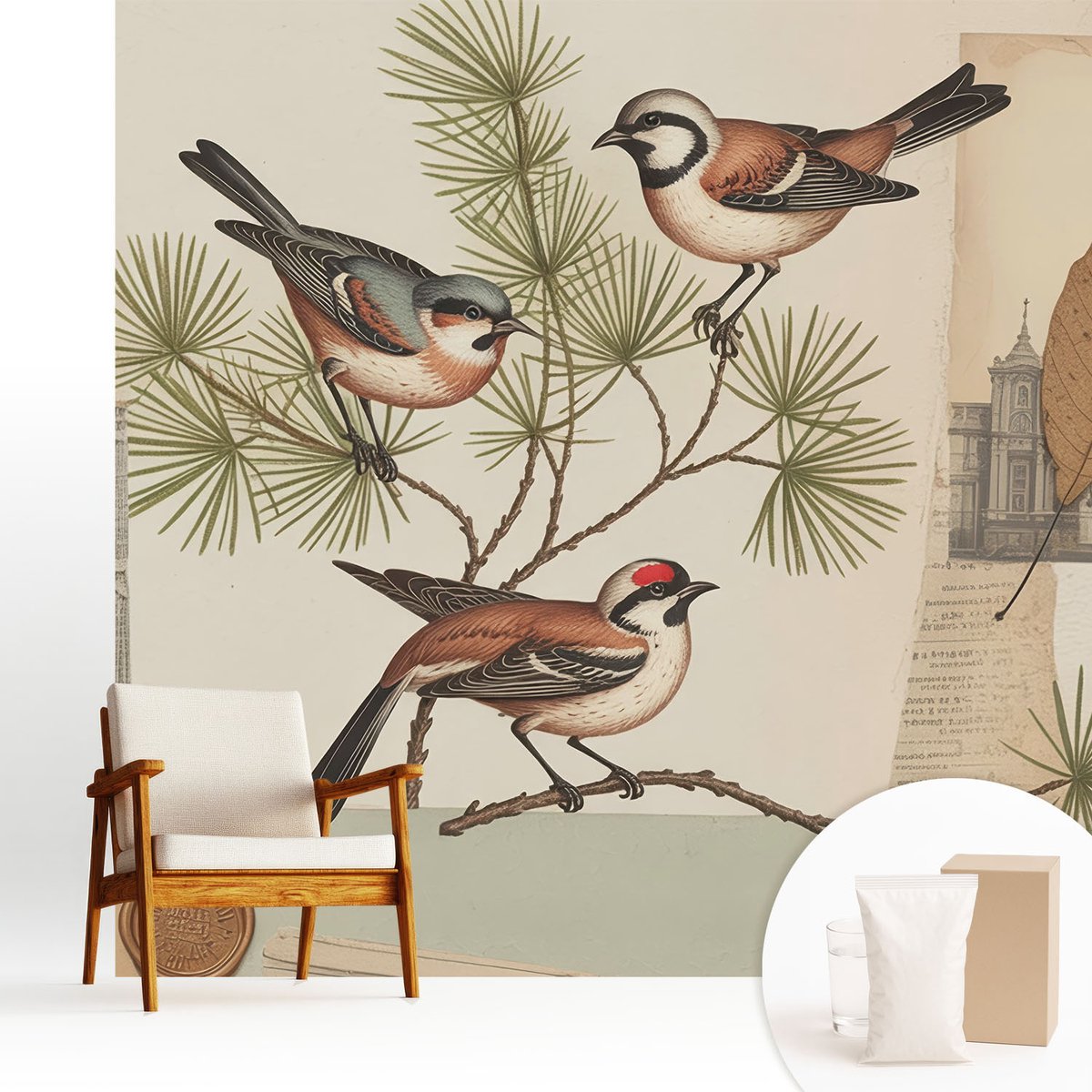 Wallfluent Fotobehang - Bruin Vliesbehang - 250x250 cm - Vogelcollage Muurschildering - Slaapkamer behang Deel - Fotobehang Vlies - Gang behang
