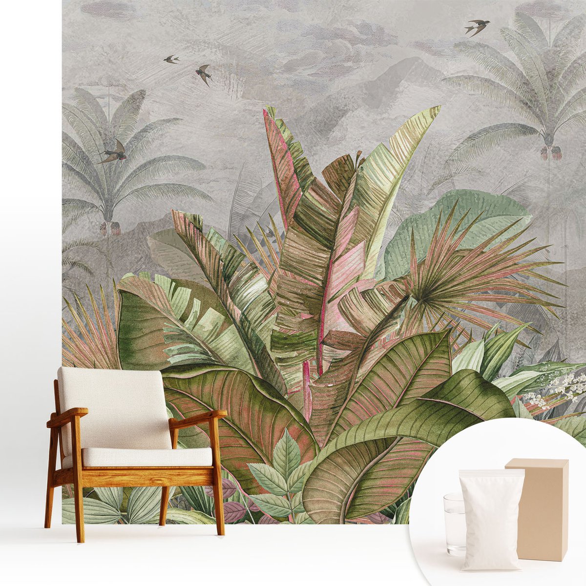 Wallfluent Fotobehang - Grijs Vliesbehang - 250x250 cm - Exotische Jungle Muurschildering - Gang behang Bloemen En Planten - Fotobehang Vlies - Slaapkamer behang