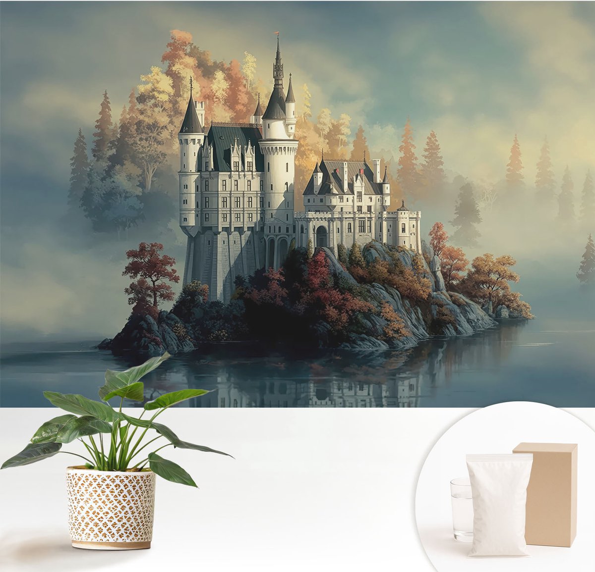 Wallfluent Fotobehang - Blauw Vliesbehang - 152x104 cm - Sprookjeskasteel Muurschildering - Gang behang Architectuur - Fotobehang Vlies - Gang behang