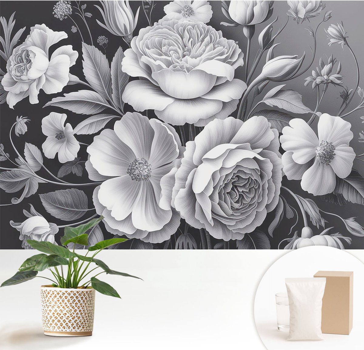 Wallfluent Fotobehang - Zwart Vliesbehang - 152x104 cm - Grijze Bloemen Fotobehang Vlies - Woonkamer behang Bloemen En Planten - Muurschildering - Hal behang