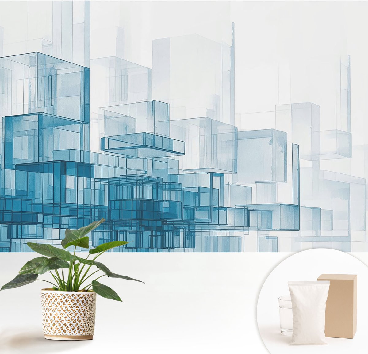 Wallfluent Fotobehang - Wit Vliesbehang - 152x104 cm - Transparante Kubussen Fotobehang Vlies - Woonkamer behang Architectuur - Muurschildering - Hal behang