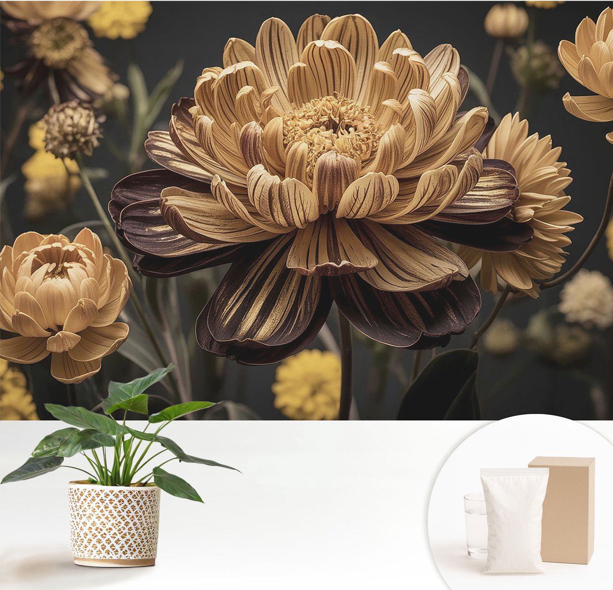 Wallfluent Fotobehang - Grijs Vliesbehang - 152x104 cm - Bloemige Elegantie Fotobehang Vlies - Woonkamer behang Bloemen En Planten - Muurschildering - Woonkamer behang