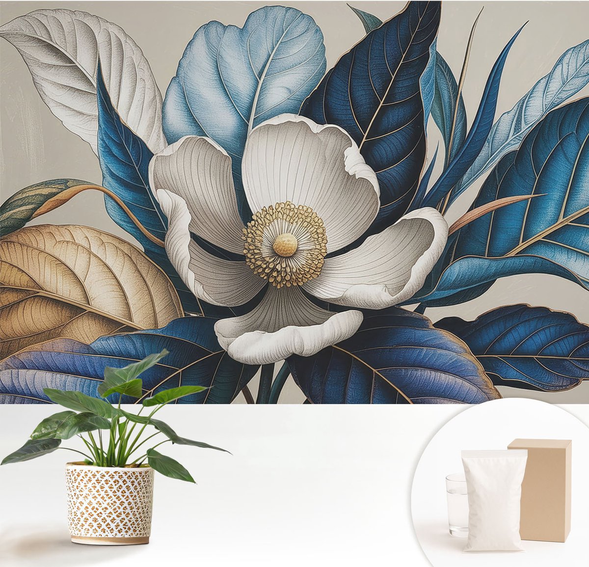 Wallfluent Fotobehang - Wit Vliesbehang - 152x104 cm - Elegante Flora Muurschildering - Gang behang Bloemen En Planten - Fotobehang Vlies - Slaapkamer behang